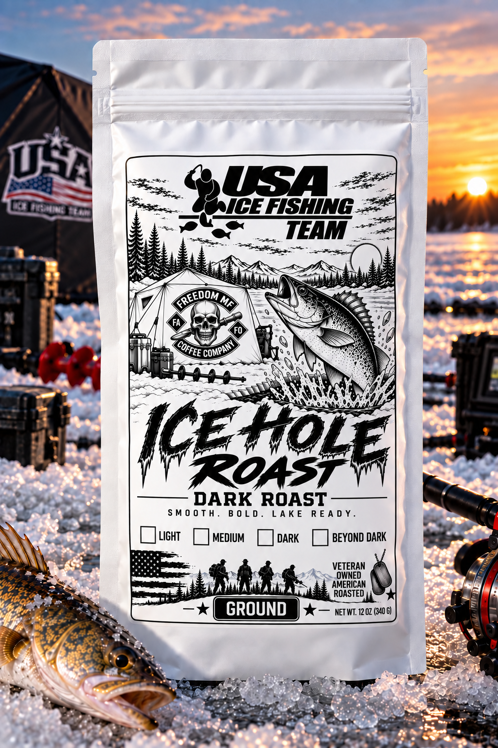 Ice Hole Roast white coffee bag with black-and-white USA Ice Fishing Team label
