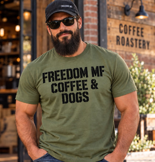 Model wearing Freedom MF Coffee & Dogs T-shirt