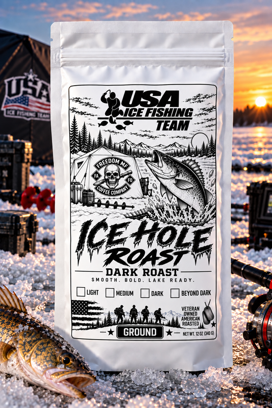 Ice Hole Roast white coffee bag with black-and-white USA Ice Fishing Team label