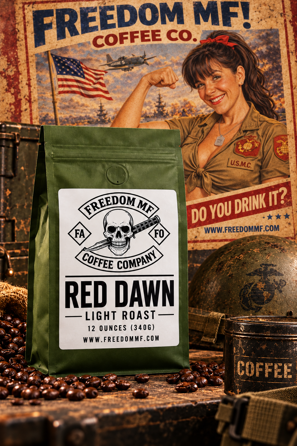Freedom MF Red Dawn Light Roast coffee bag with Freedom MF Marine poster
