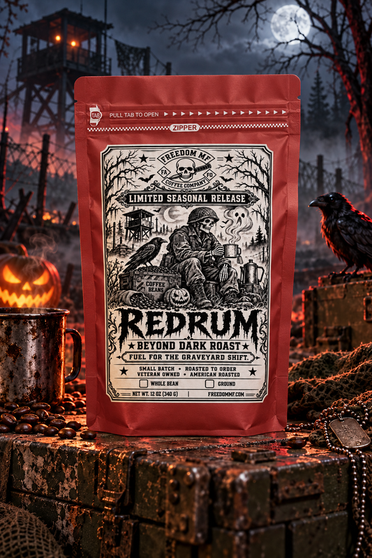 Redrum Halloween seasonal roast in a matte red coffee bag with an ominous military scene