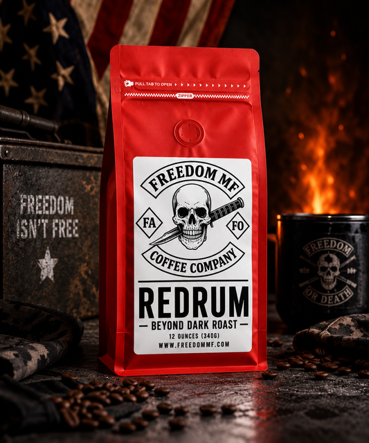 Freedom MF Redrum Beyond Dark Roast 12-ounce red coffee bag with updated label